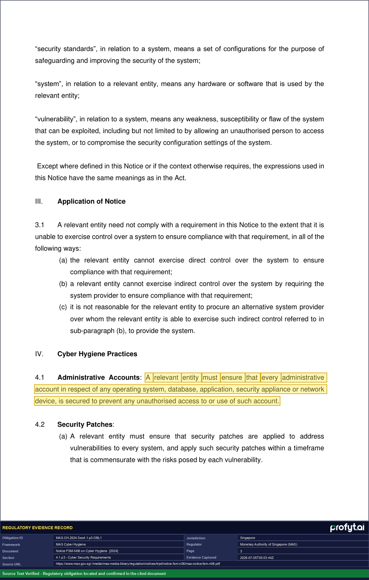 Captured source page for MAS.CH.2024.Sec4.1.p3.OBL1, MAS Notice FSM-N06 (Cyber Hygiene), paragraph 4.1, p. 3 (2024)