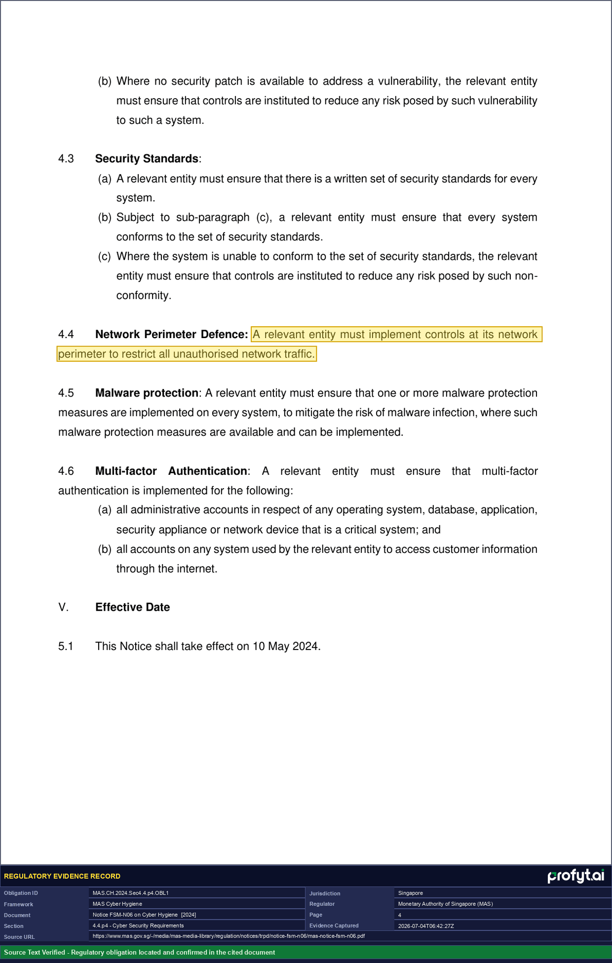 Captured source page for MAS.CH.2024.Sec4.4.p4.OBL1, MAS Notice FSM-N06 (Cyber Hygiene), paragraph 4.4, p. 4 (2024)