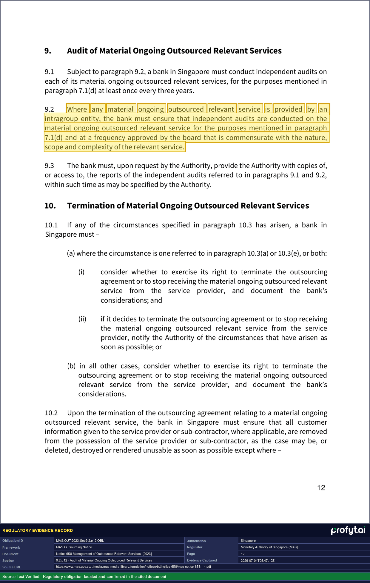 Captured source page for MAS.OUT.2023.Sec9.2.p12.OBL1, MAS Notice 658 (Outsourced Relevant Services), paragraph 9.2, p. 12 (2023)