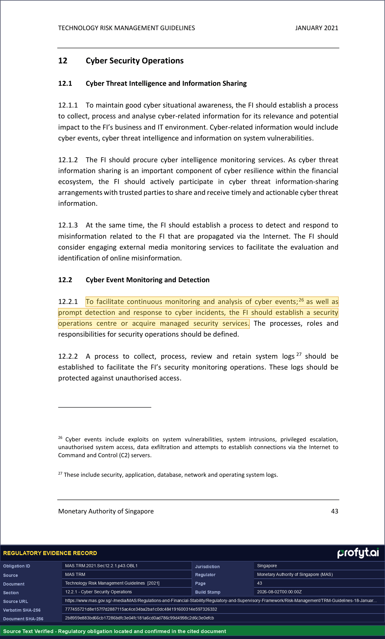 Captured source page for MAS.TRM.2021.Sec12.2.1.p43.OBL1, MAS TRM, Section 12.2.1, p. 43 (2021)