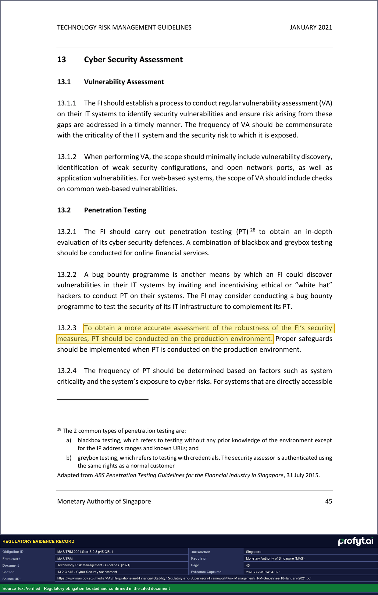 Captured source page for MAS.TRM.2021.Sec13.2.3.p45.OBL1, MAS TRM Guidelines, Section 13.2.3, p. 45 (2021)