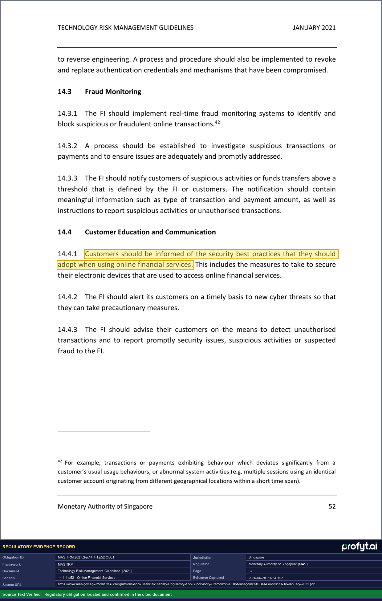 Captured source page for MAS.TRM.2021.Sec14.4.1.p52.OBL1, MAS TRM Guidelines, Section 14.4.1, p. 52 (2021)