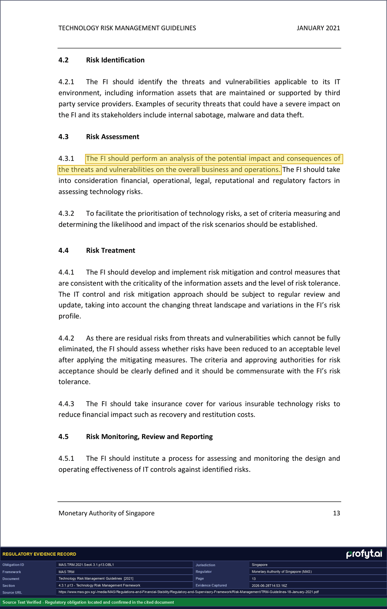 Captured source page for MAS.TRM.2021.Sec4.3.1.p13.OBL1, MAS TRM Guidelines, Section 4.3.1, p. 13 (2021)