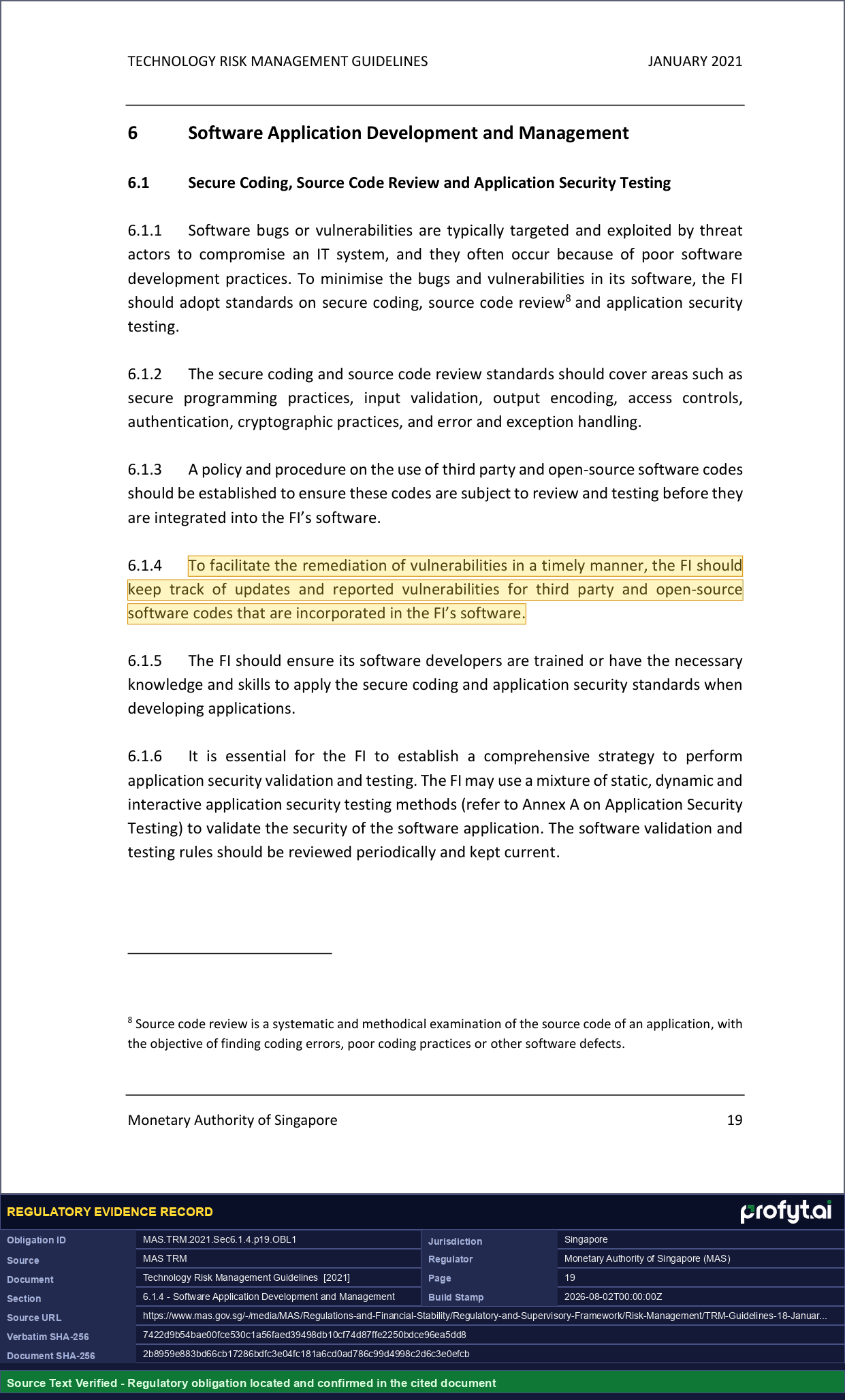 Captured source page for MAS.TRM.2021.Sec6.1.4.p19.OBL1, MAS TRM, Section 6.1.4, p. 19 (2021)