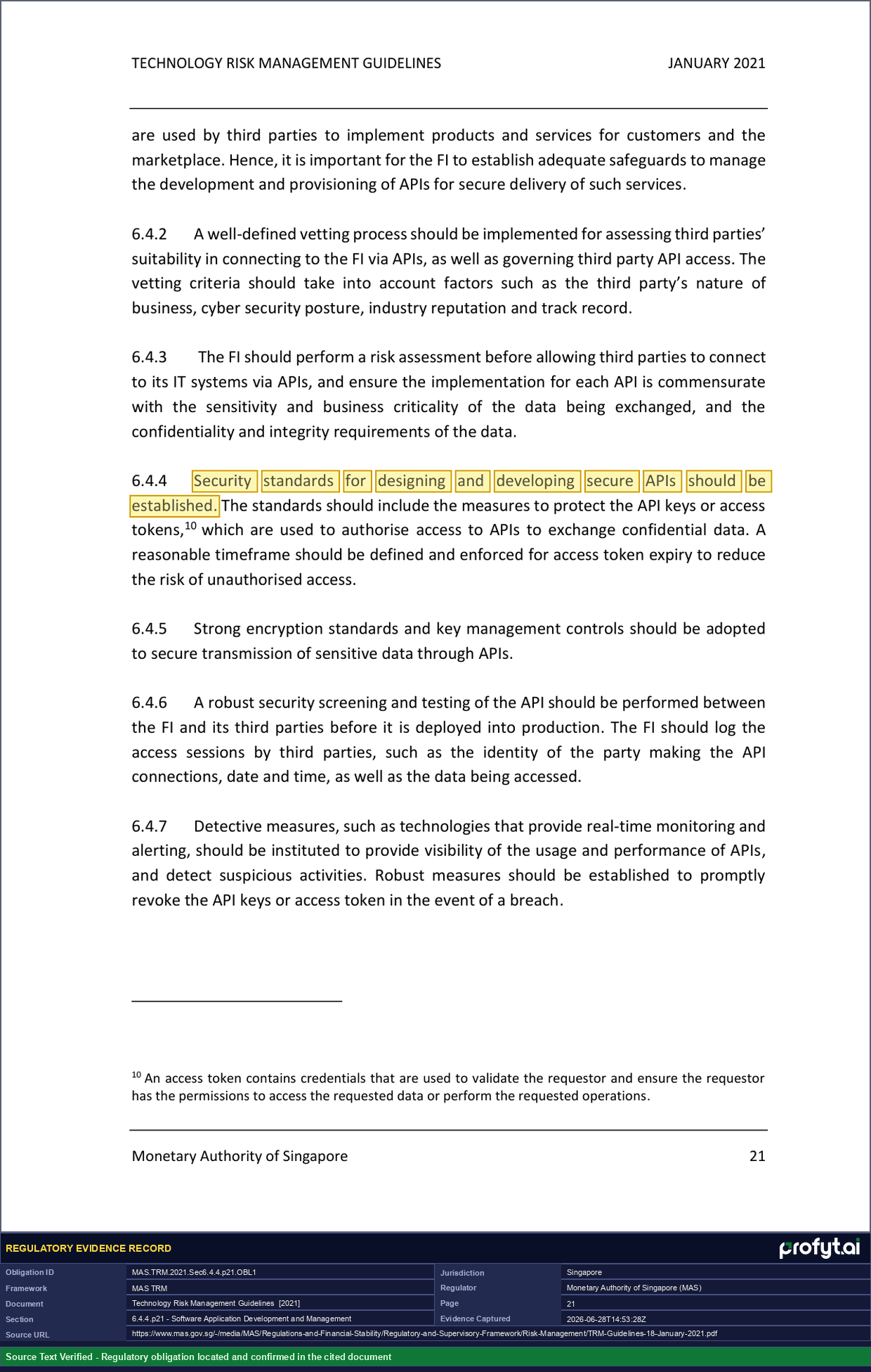 Captured source page for MAS.TRM.2021.Sec6.4.4.p21.OBL1, MAS TRM Guidelines, Section 6.4.4, p. 21 (2021)