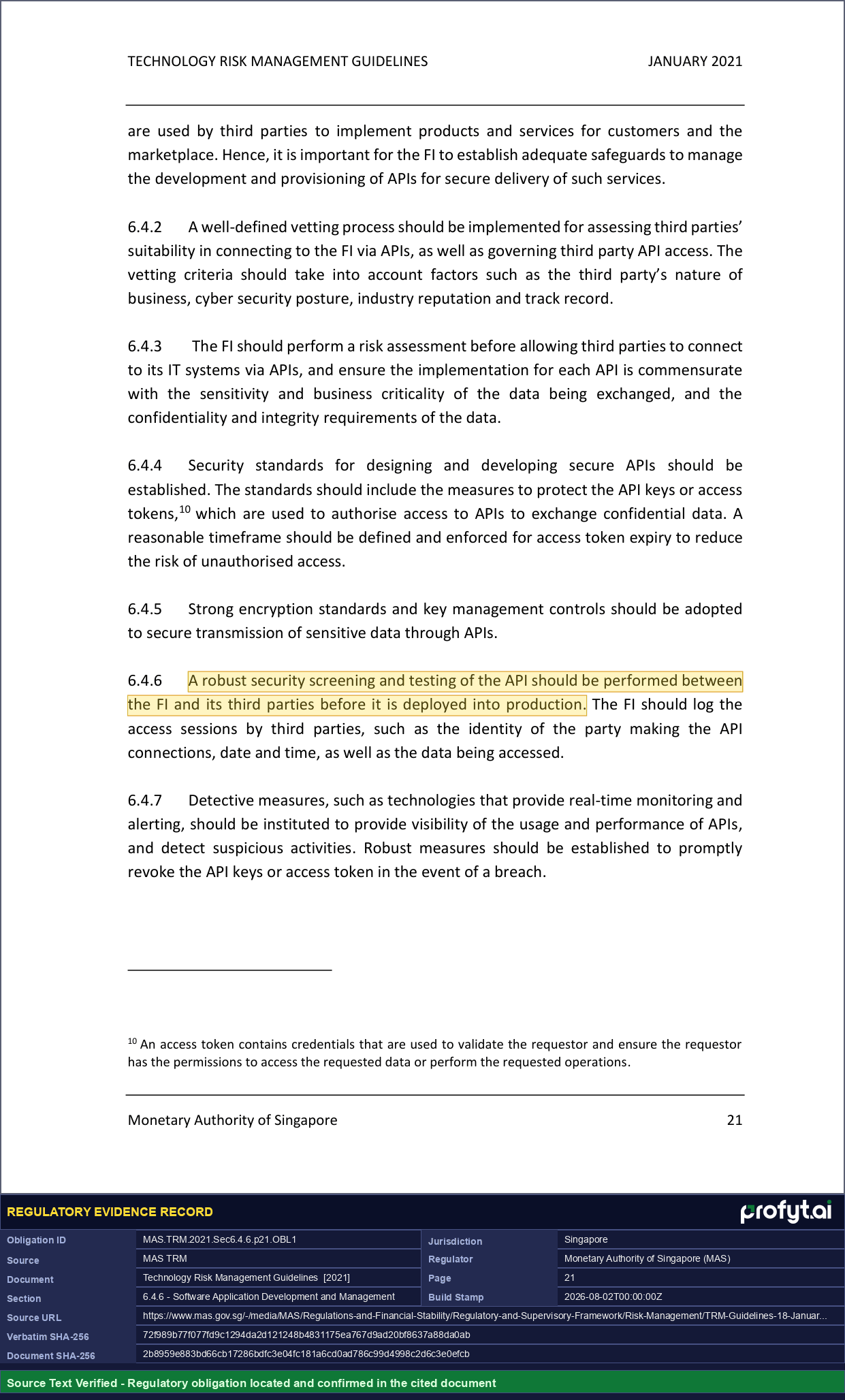 Captured source page for MAS.TRM.2021.Sec6.4.6.p21.OBL1, MAS TRM, Section 6.4.6, p. 21 (2021)