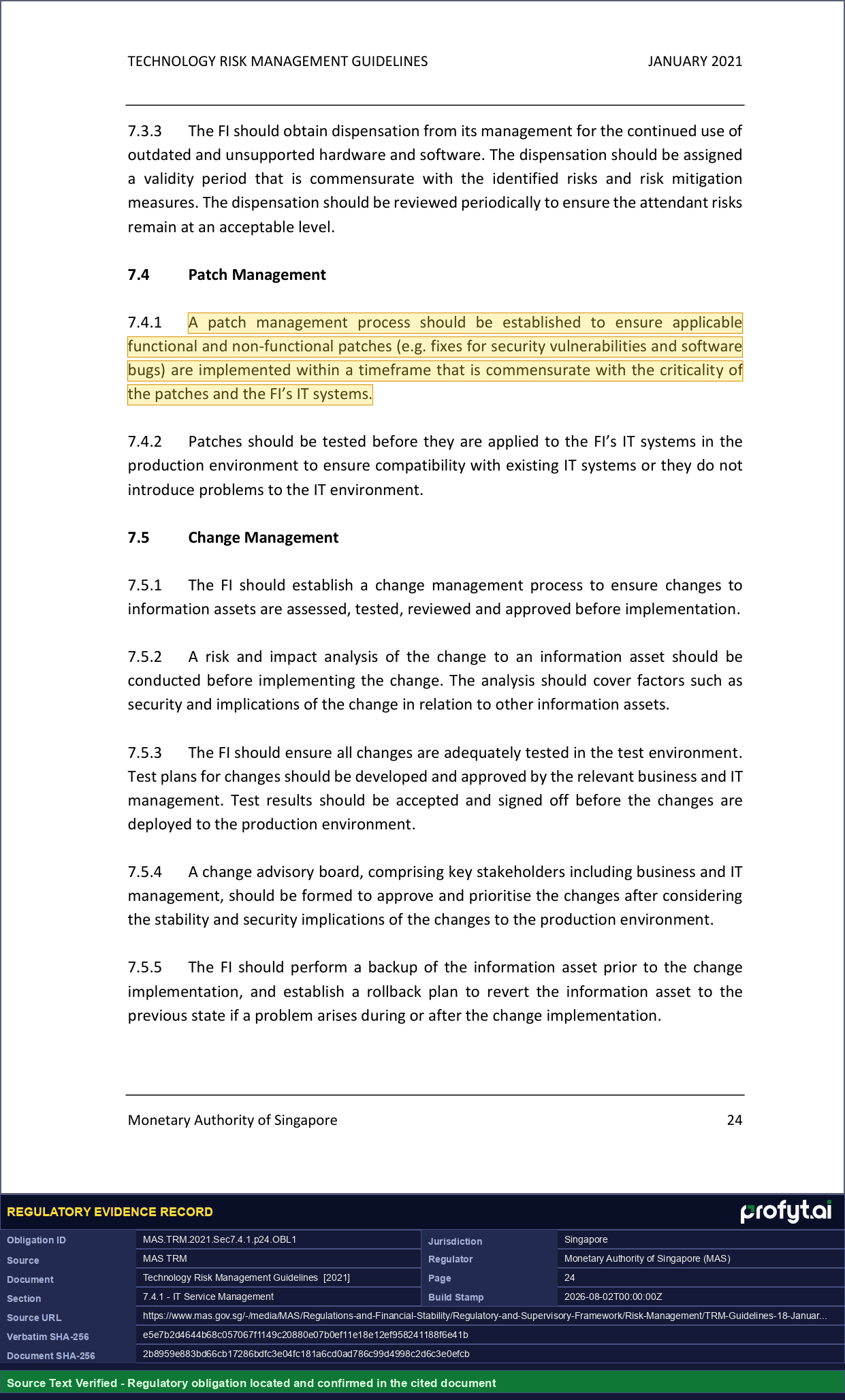 Captured source page for MAS.TRM.2021.Sec7.4.1.p24.OBL1, MAS TRM, Section 7.4.1, p. 24 (2021)