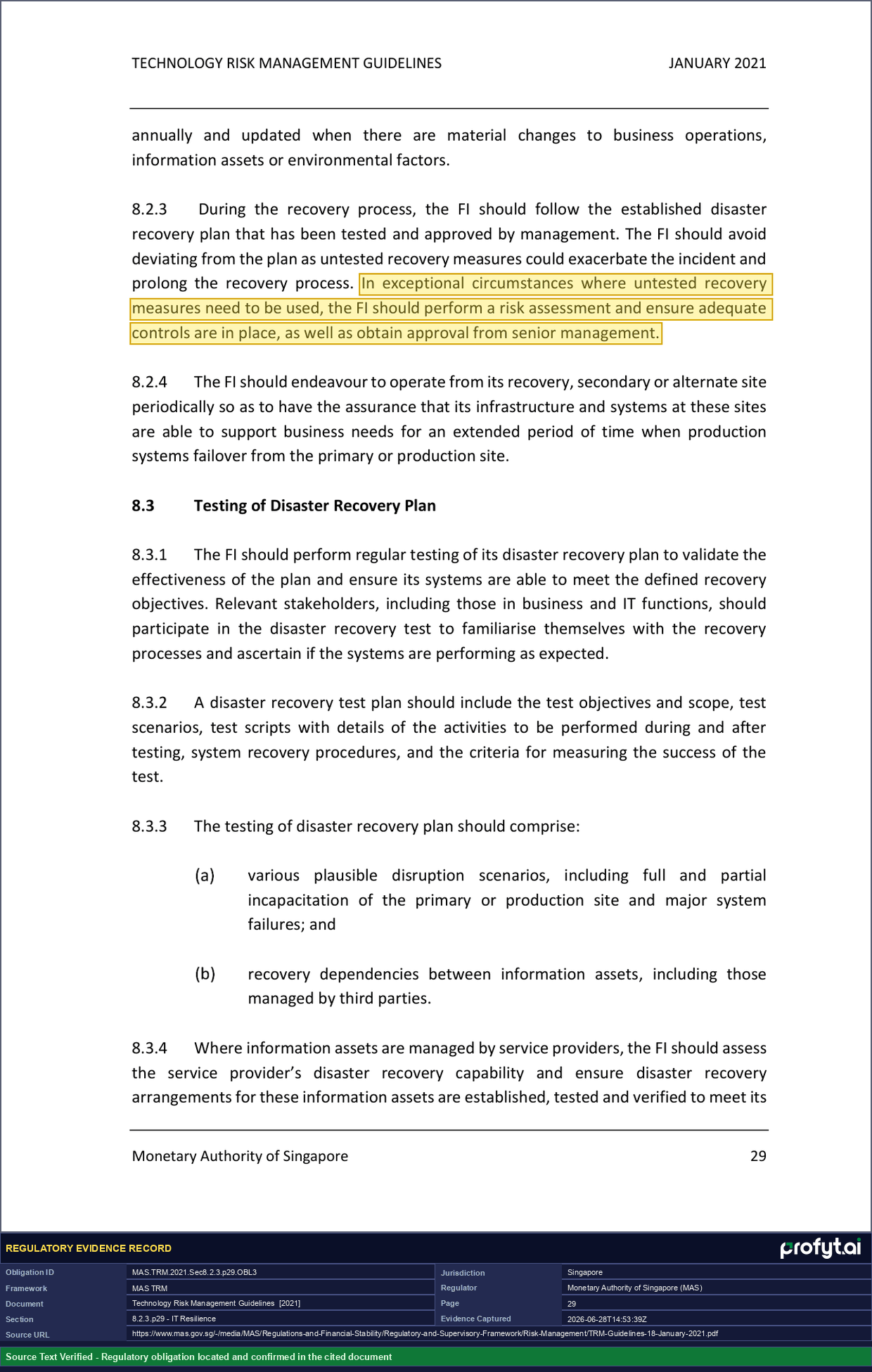 Captured source page for MAS.TRM.2021.Sec8.2.3.p29.OBL3, MAS TRM Guidelines, Section 8.2.3, p. 29 (2021)