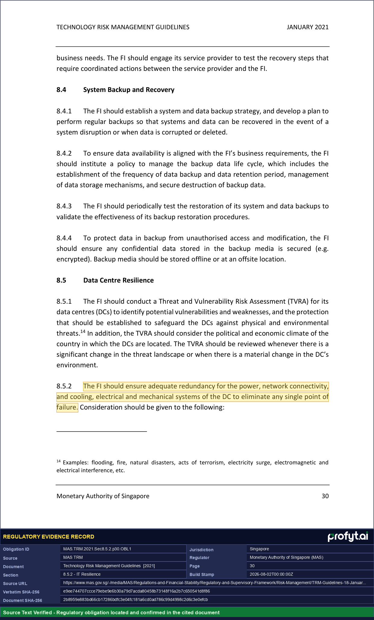Captured source page for MAS.TRM.2021.Sec8.5.2.p30.OBL1, MAS TRM, Section 8.5.2, p. 30 (2021)