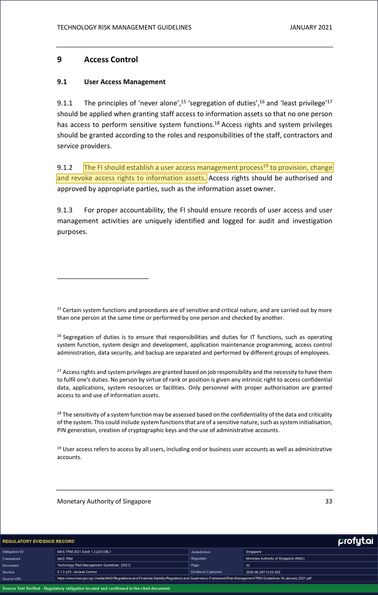 Captured source page for MAS.TRM.2021.Sec9.1.2.p33.OBL1, MAS TRM Guidelines, Section 9.1.2, p. 33 (2021)