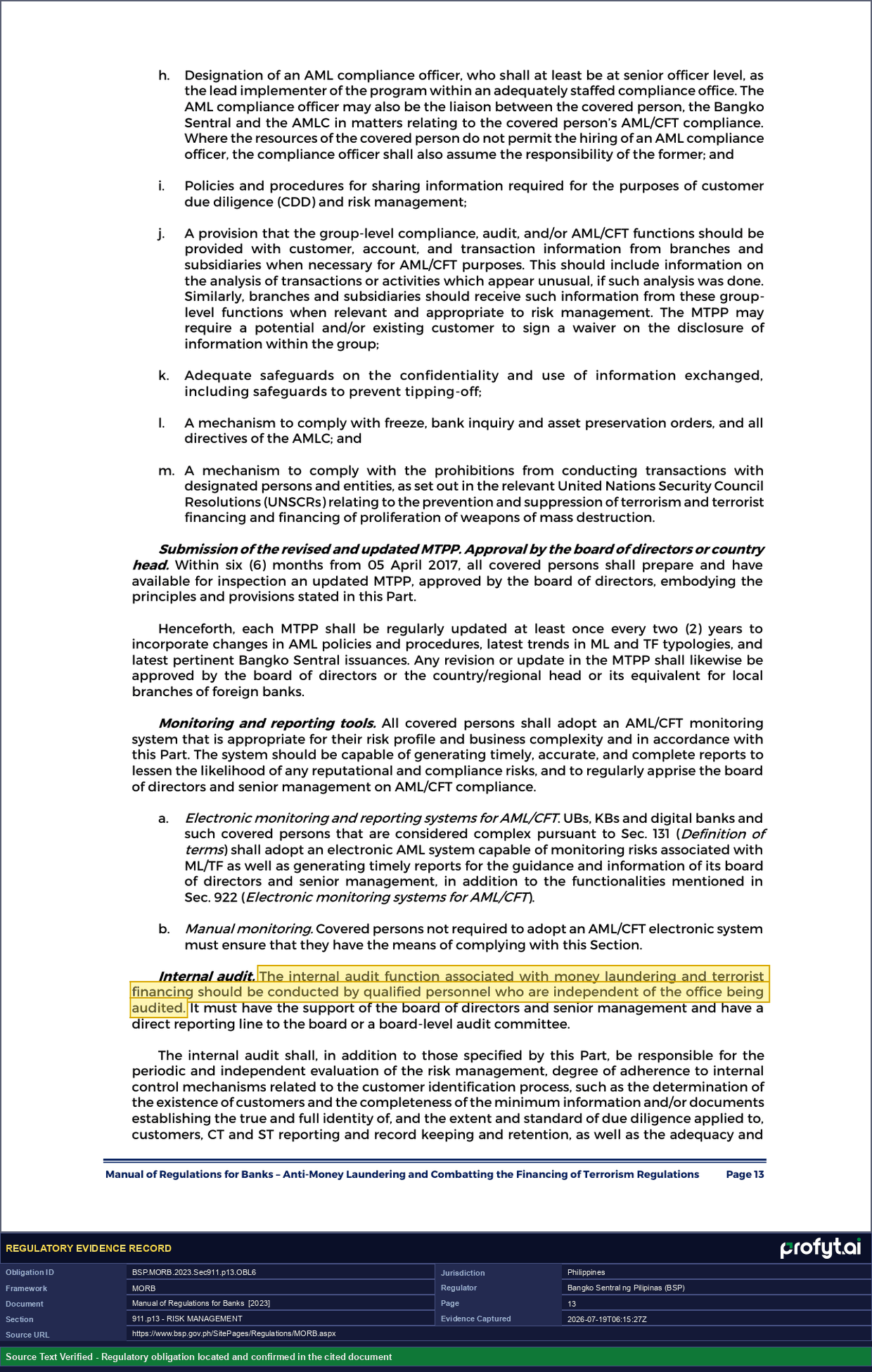 Captured source page for BSP.MORB.2023.Sec911.p13.OBL6, MORB, Sec. 911, p. 13 (2023 ed.)