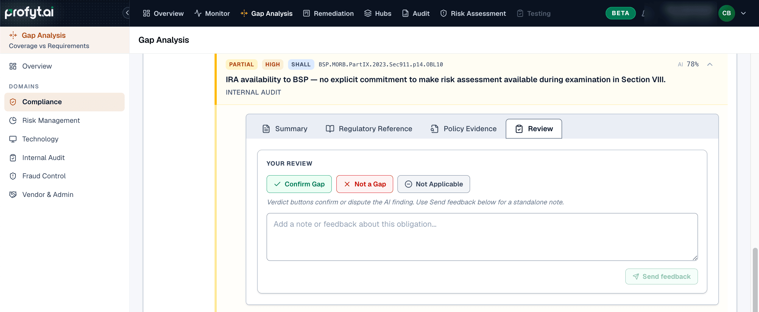 Review tab with confirm, not a gap, or not applicable