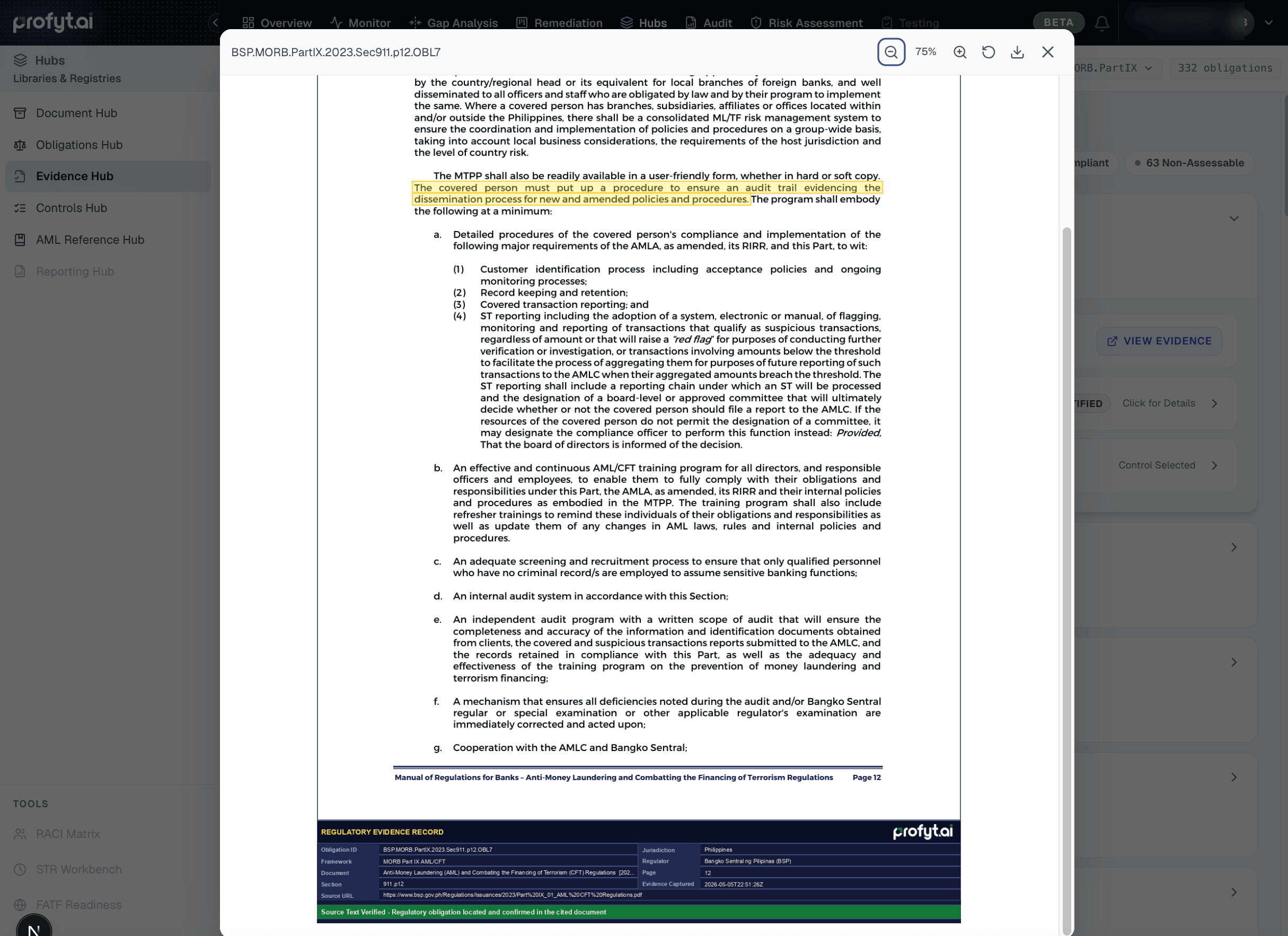 Regulatory evidence: the verbatim BSP MORB source text behind the requirement, anchored to its page
