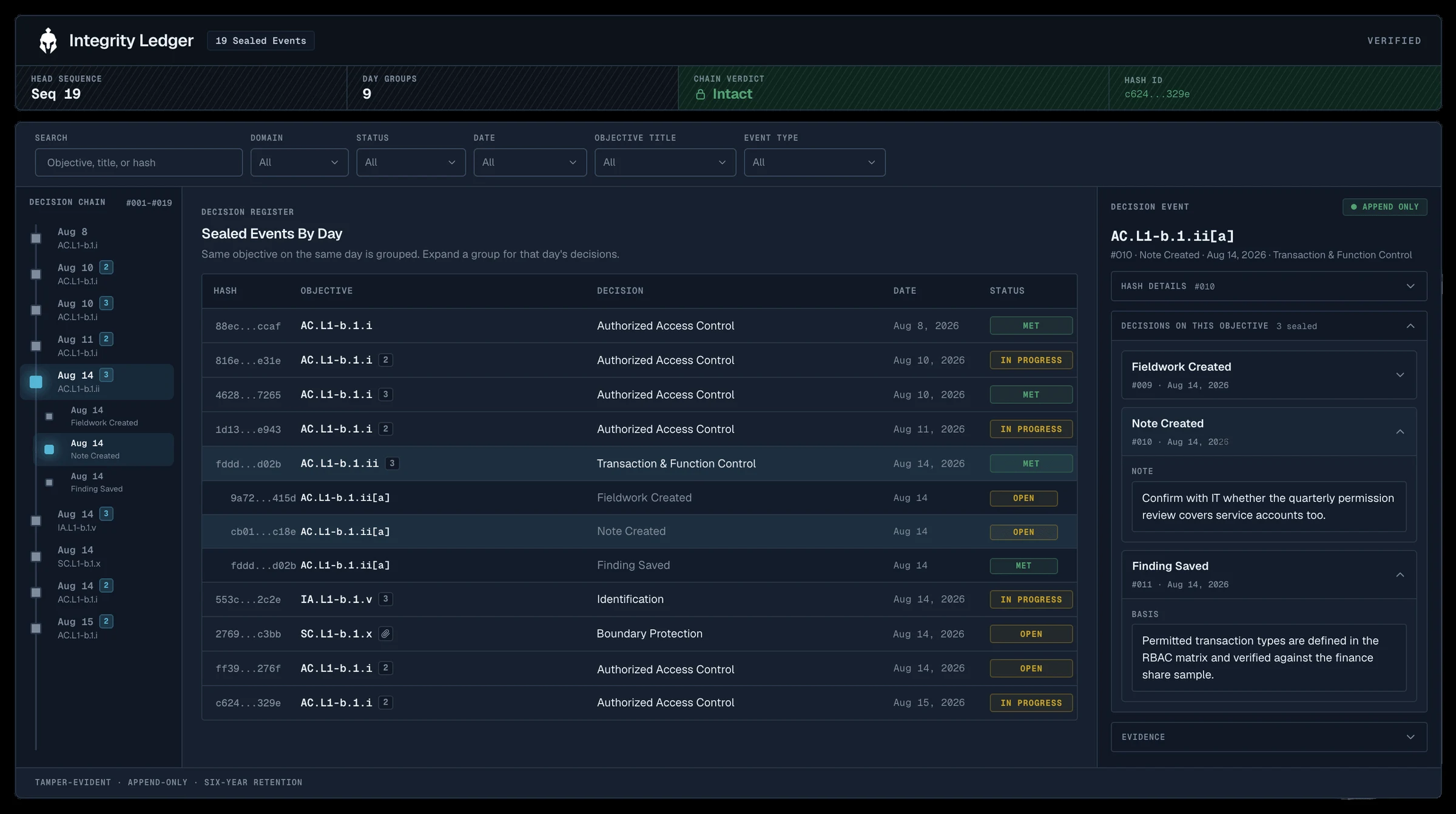 The Integrity Ledger in AssessrLog, with demo data. A decision chain by day, the sealed events register with hashes and statuses, and one decision event with its notes and basis.